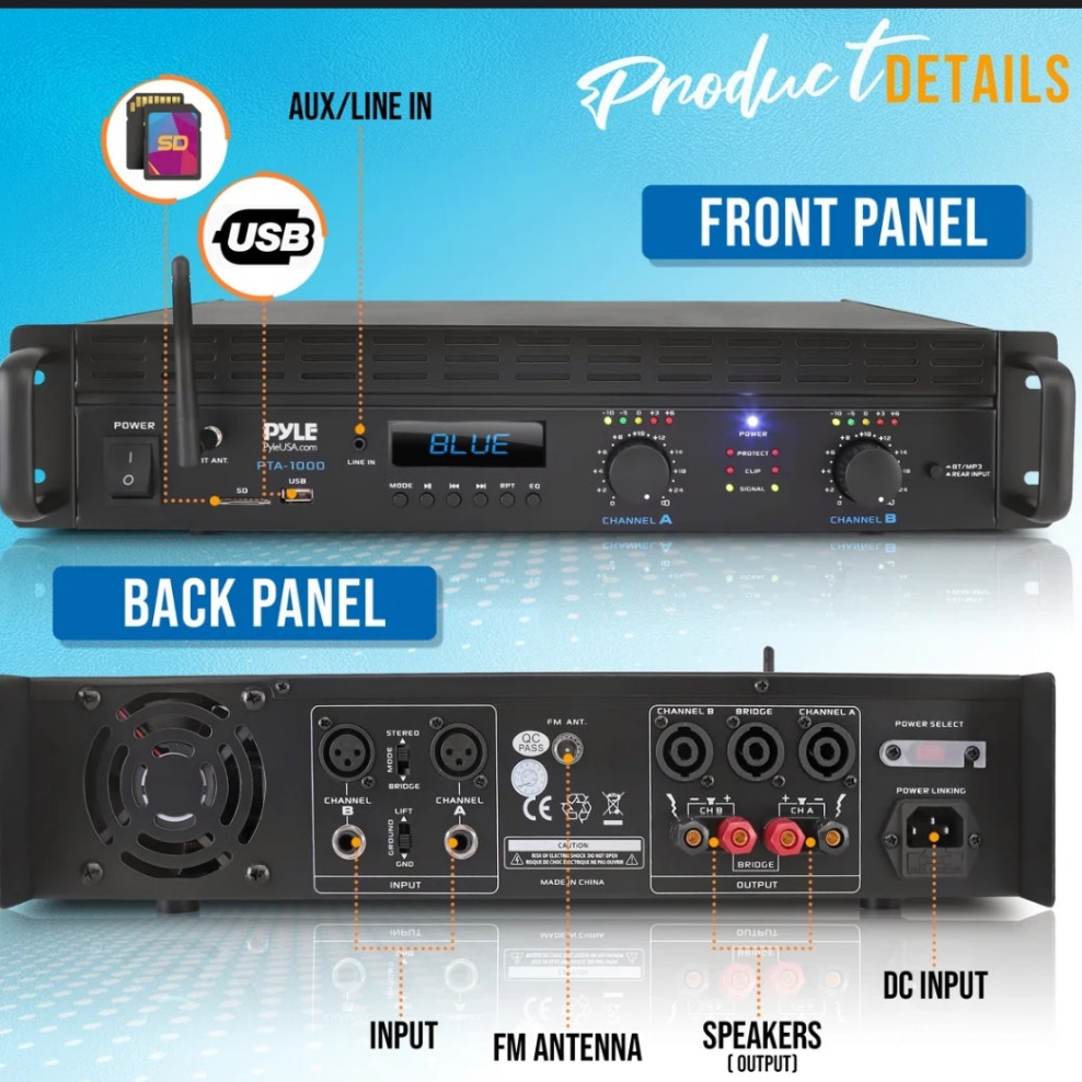 2-Channel Bluetooth Power Amplifier - 2000W Bridgeable Rack Mount Pro Audio Sound Wireless Home Stereo Receiver W/Trs Xlr Input,Lcd, Bridge Mode, Cooling Fan - Entertainment Speaker System