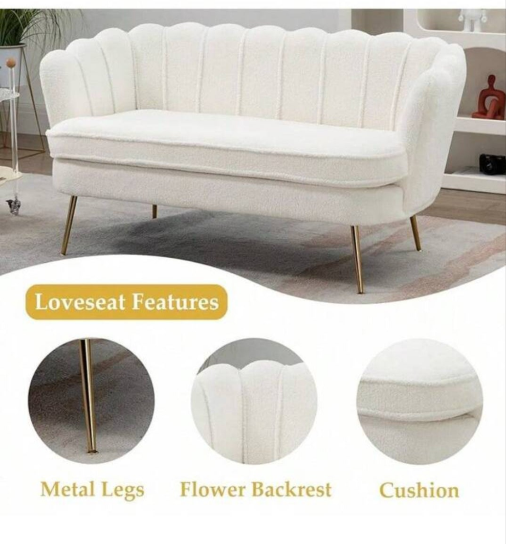 59-Inch Small Modern Chenille Double Sofa, 2-Seat Sofa With Golden Metal Legs, Small Sofa With Flower-Shaped Back, For Living Room Bedroom Office (Beige And Chenille)