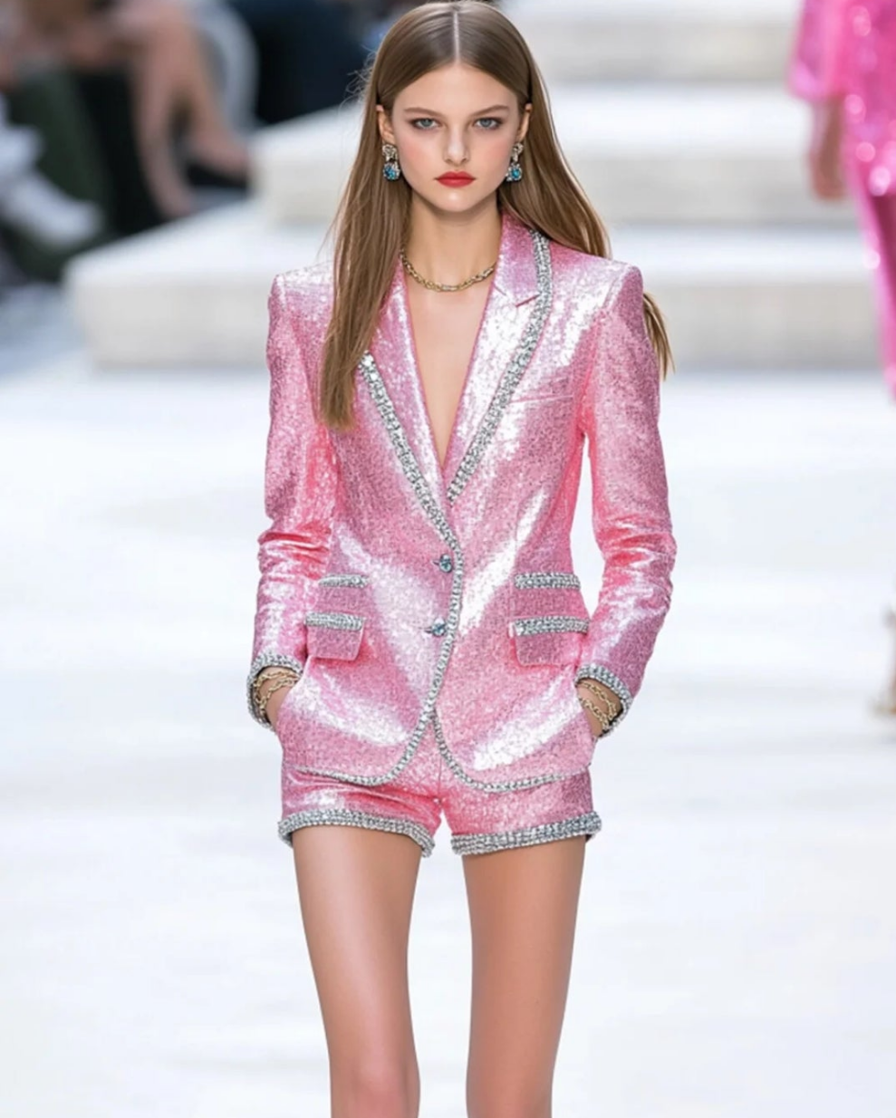 COCOMONEY Sequin Blazer Two Piece Shorts Suit-Pink