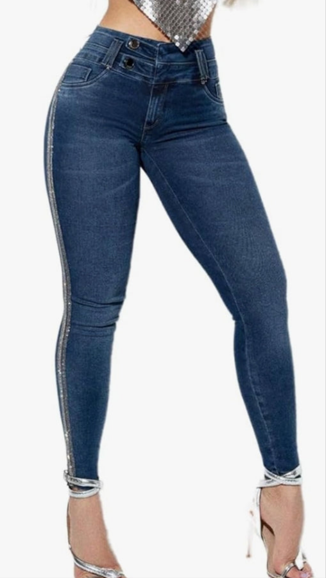 Sequin & Rhinestone Decor Dual Button Skinny Jeans High Waist Casual Pants