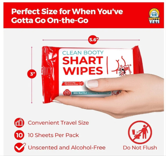 Funny Shart Butt Wipes 2PK by Witty Yeti. 20 Ct Hilarious Potty Humor Wet Wipe Gag Gift. Functional Prank Pack Great for Friends or Family. Disposable Moist Towelettes for When Oops That Wasn't a Fart