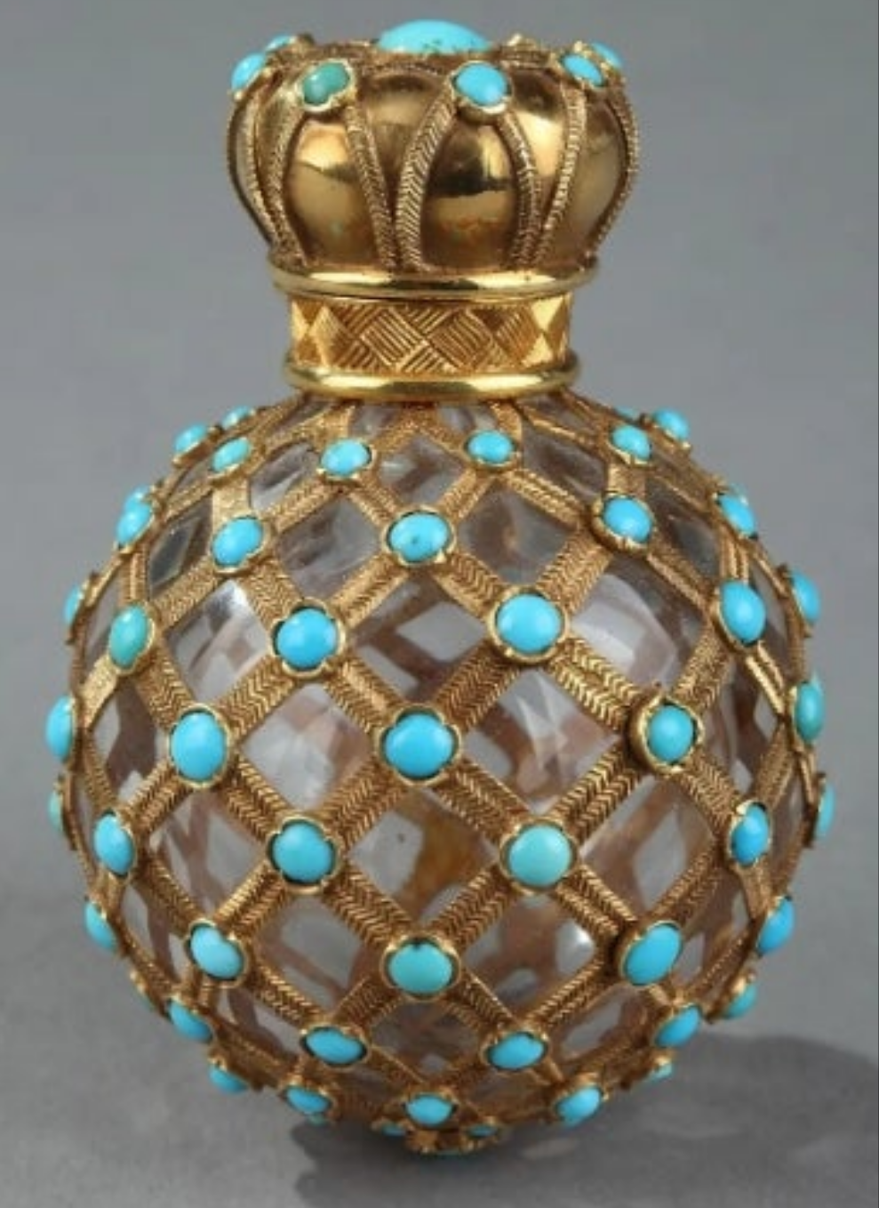 Gold, Crystal and Turquoise Perfume Flask Restauration Period 18k Gold