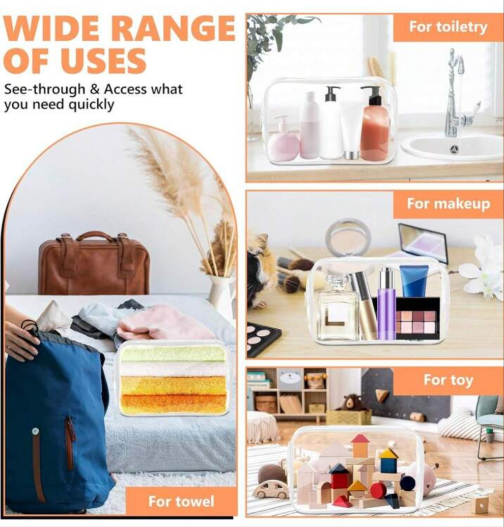3-Pieces Waterproof Clear Makeup Bag Summer Holiday Essentials,Travel Essentials - Lightweight, Versatile Travel Zipper Bag For Women's Toiletries And Accessories For Travel Storage Bag,Makeup Bag,Beach Bag,Cosmetic Bag,Vacation Organizer,Large Capacity