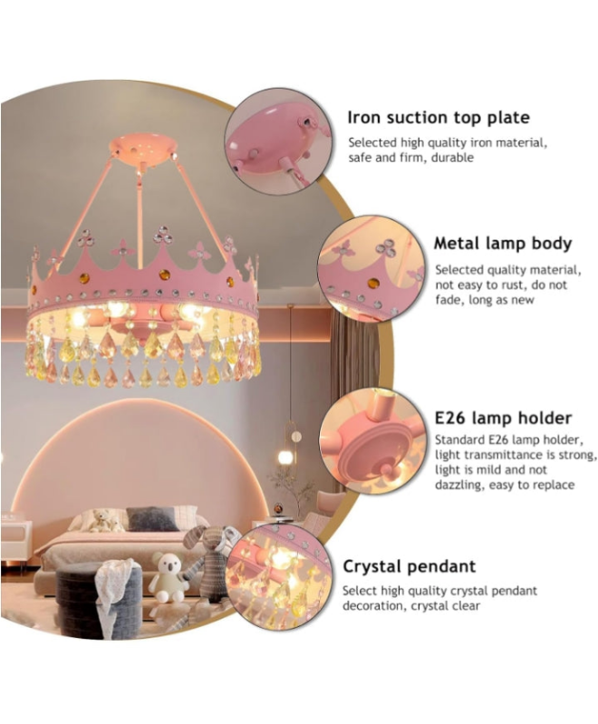 Mini Crystal Chandelier Crown Pink Chandelier Modern Round Elegant Crown Shape with Crystal Pendant Metal Lamp Body LED Ceiling Pendant Light Fixture