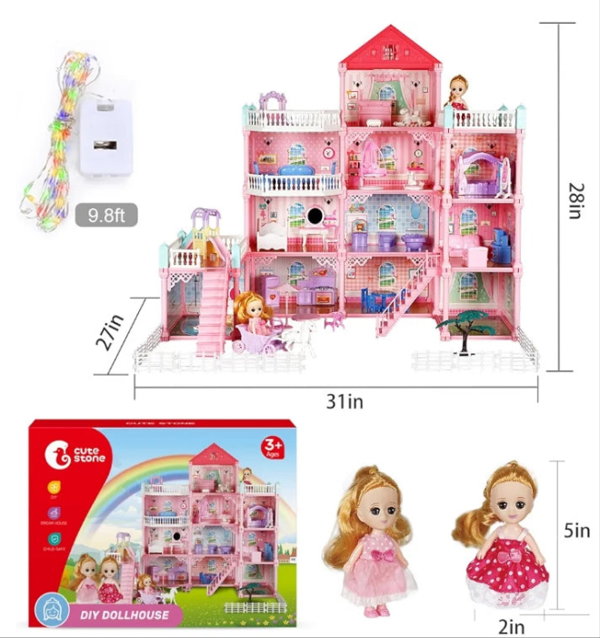 Huge Doll House Dollhouse with Light, Gift for Girls