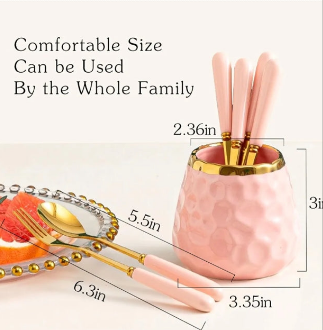Dessert Fork set, Ceramic Jar with 8 Small Forks, Salad, Fruit, Party, Cake, Camping Cutlery set (Pink Ceramic Jar+4 Spoons+4 Forks)