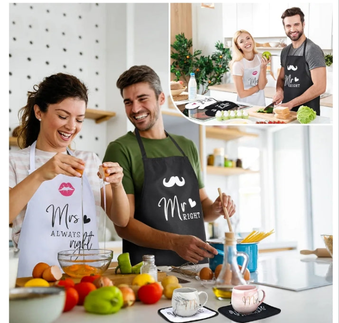 10 Pcs Couple Gifts Engagement Gifts for Couple Mr and Mrs Aprons Gift Set Include Aprons Mats Mugs Gloves Jewelry Plate Dish Towel Card Cool Bridal Shower Gifts for Bride and Groom Newlyweds