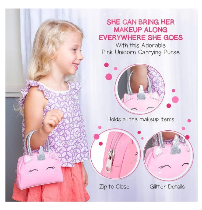 Kids Real Makeup Kit for Little Girls: with Pink Unicorn Purse - Real, Non Toxic, Washable Make Up Toy - Gift for Toddler Young Children Pretend Play Set Vanity