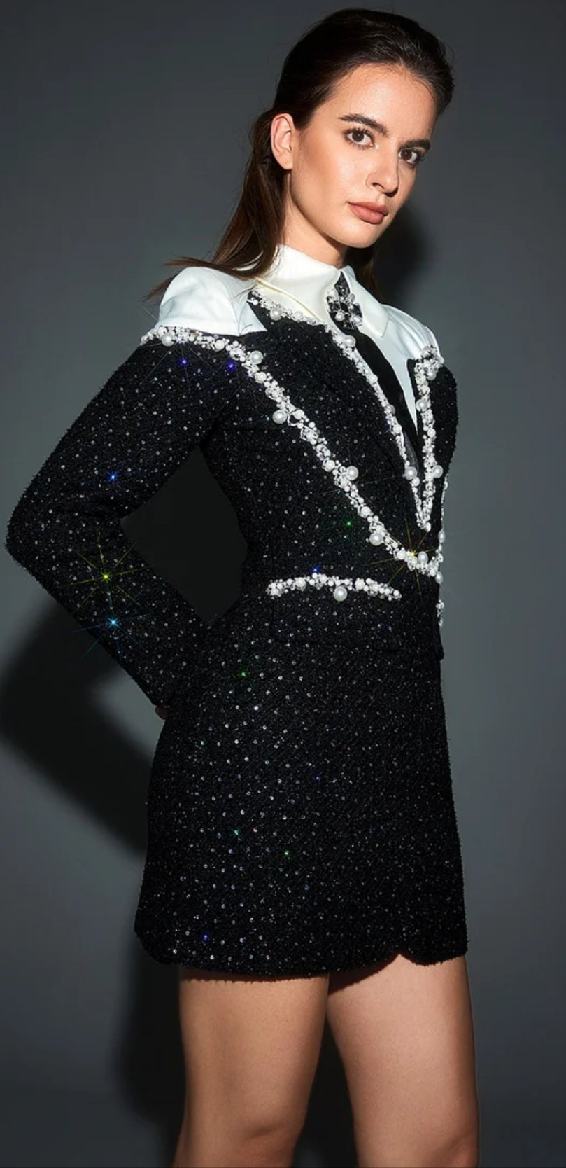 COCOMONEY Shirt Collar Sequin Pearl Decor Mini Dress-Black