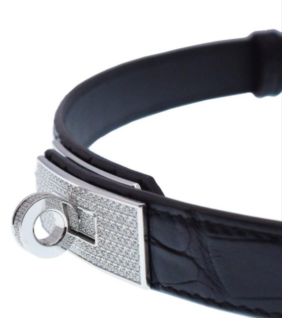 Hermes "KELLY" Diamond Buckle Crocodile belt 18k white gold and diamond