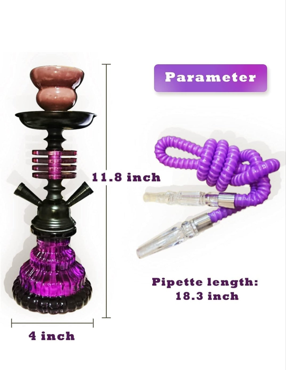 Hookah Set with 2 Hose 11" Premium Portable Mini Hookah Complete Set Hookah Glass Vase with 50 Disposable Tips, 50 Pre-Punched Aluminum Foil Coal Tong (hookah set with accessories)