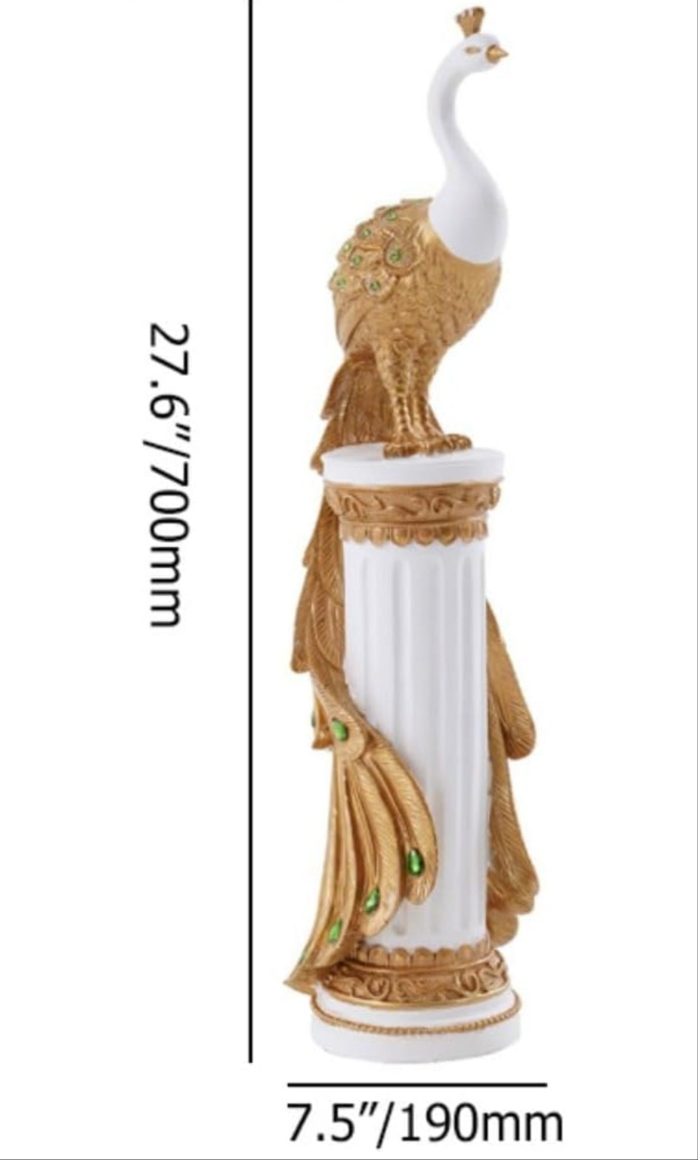 27.6" Decorative Peacock Statue Large Glam Animal Sculpture Resin Crafts Home Decor for Art Ornament (White & Gold)