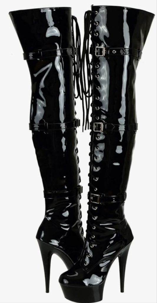 Patent Leather Thigh High 15CM Stiletto Heel Dancer Boots with Zipper Lace Up Club Party Cosplay Shoes
