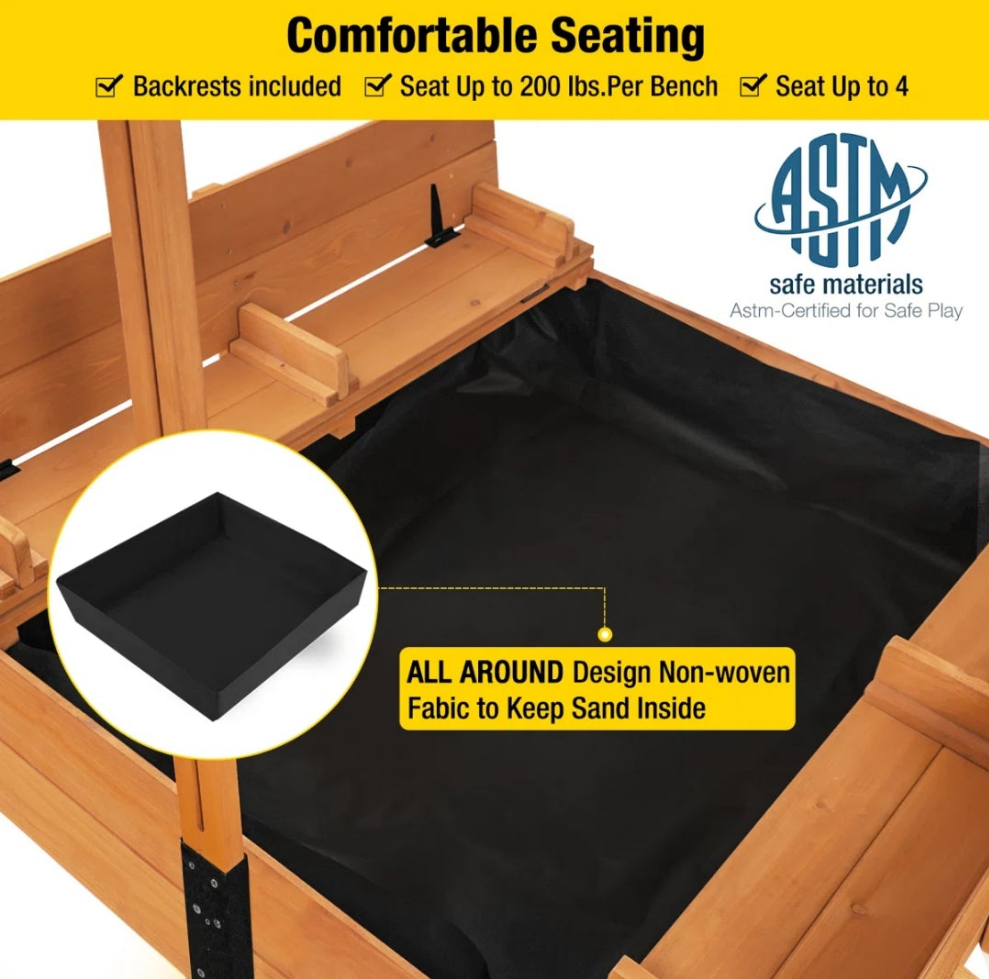 47.2'' x 51.9'' Wood Square Sandbox with Cover Outdoor Kods fun