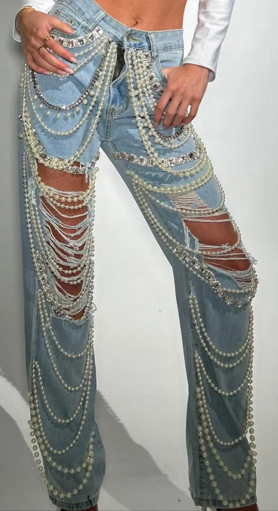 COCOMONEY Ripped Pearl Chain Rhinestone Denim Jeans-Blue