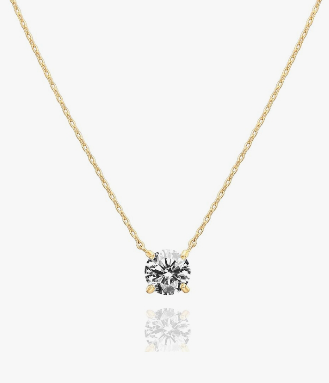 14K Gold Plated Crystal Solitaire 1.5 Carat (7.3mm) Cubic Zirconia Dainty Choker Necklace | Gold Necklaces for