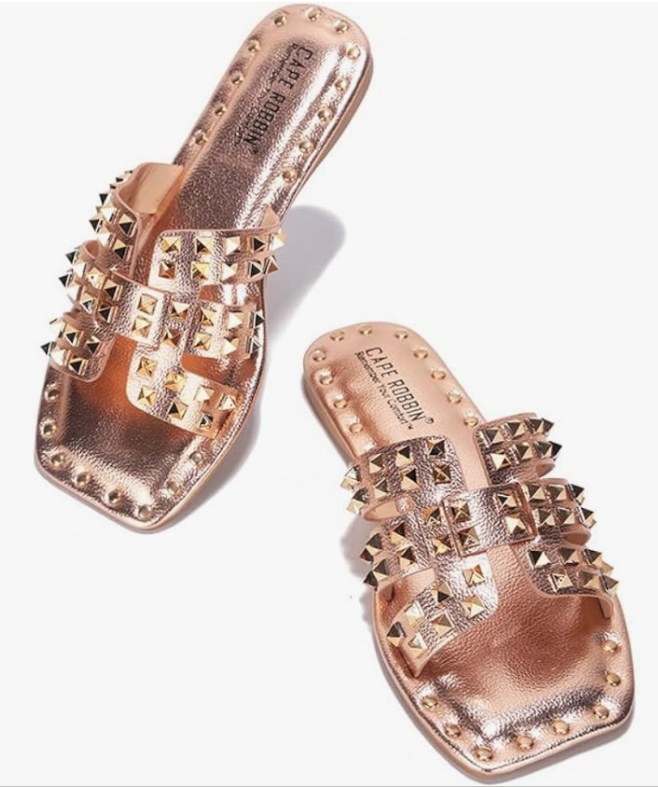 Stylish Slide Sandals for Women - Womens Sandals with Gold Spikes - Studded Open-Toe Summer Slides for Women - Slip-On Women's Sandals