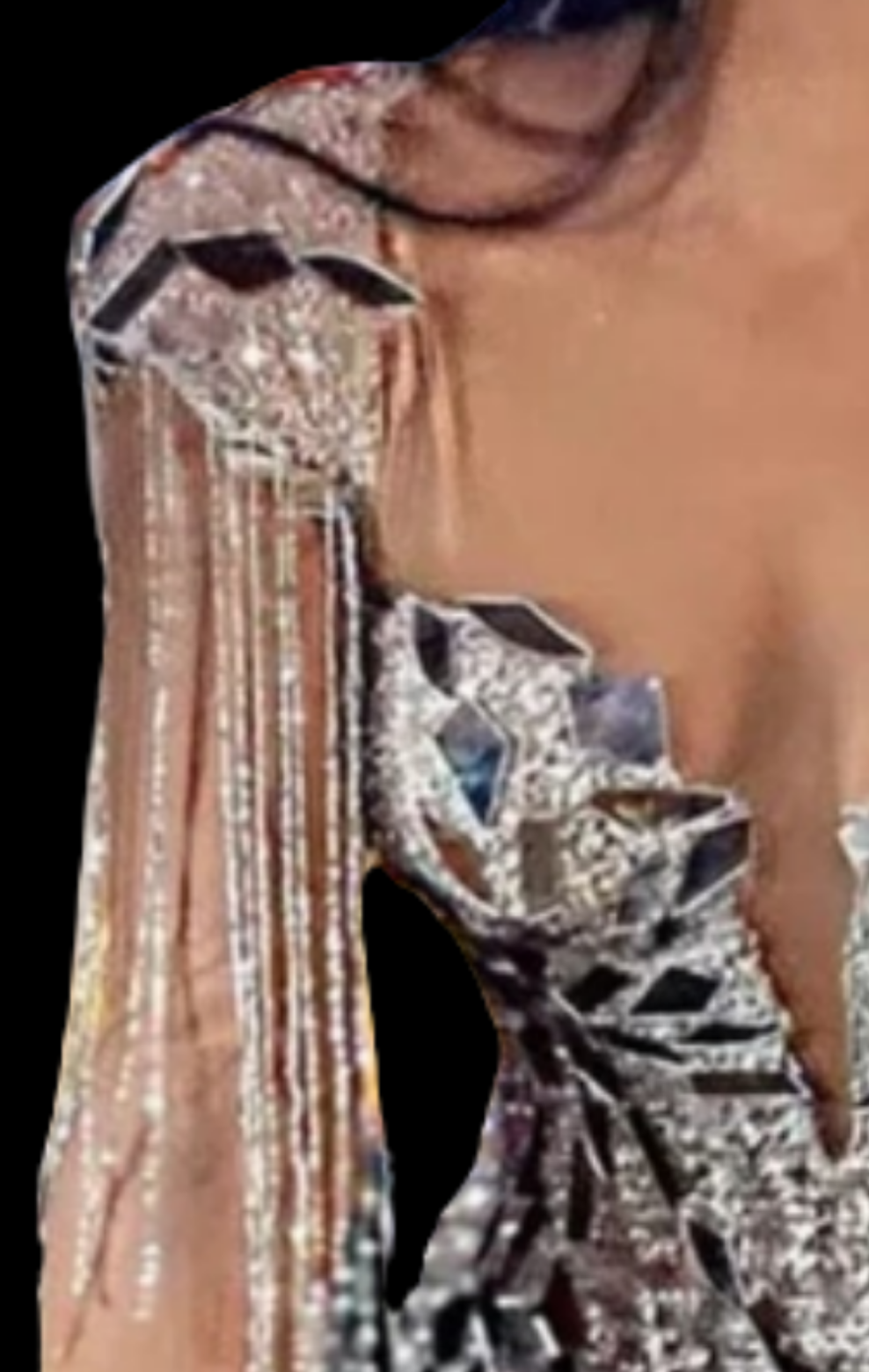 Sparkly Rhinestone Fringe Epaulet Sheer Mesh Sequin Party Mini Dress - Silver COCOMONEY