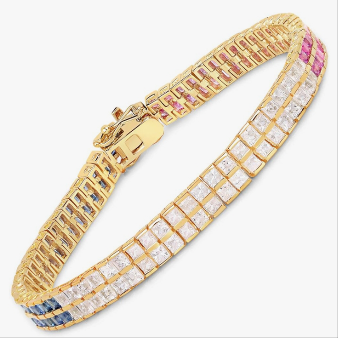 Genuine Princess Cut Square Blue Sapphire, White Sapphire and Pink Sapphire Bracelet in Sterling Silver