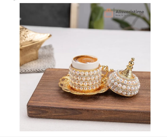 27 Pc Ottoman Turkish Greek Arabic Coffee Espresso Serving Set with Pearl Embellishments, Saucer and Sugar Dish (Silver)