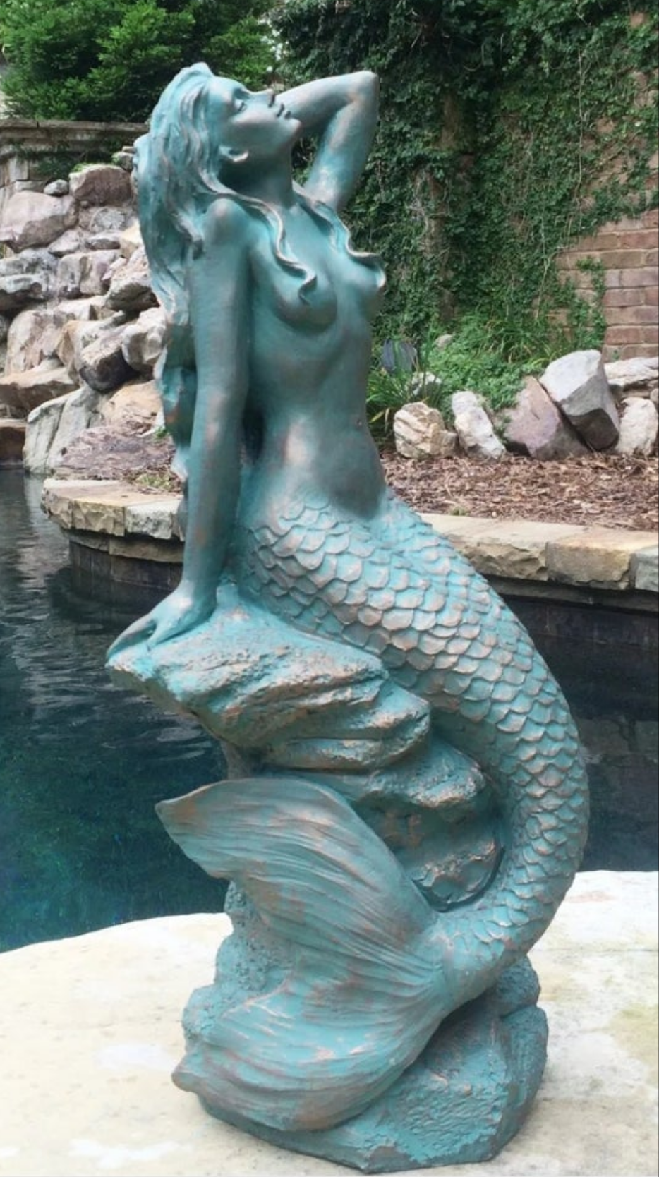 Sexy Mermaid on Coastal Rock Statue Outdoor Waterproof Porch Garden Pool Side Decor Bathroom