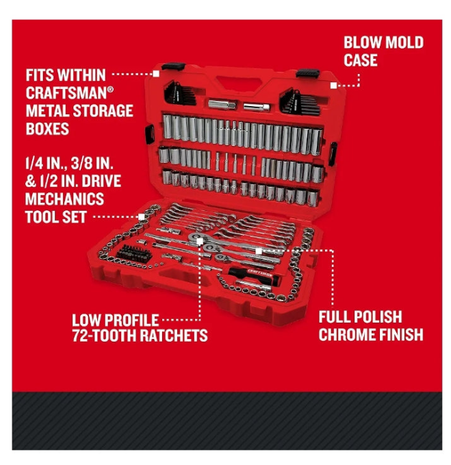 CRAFTSMAN Mechanics Tool Set, 1/4 and 3/8 Inch Drive, 189 Piec