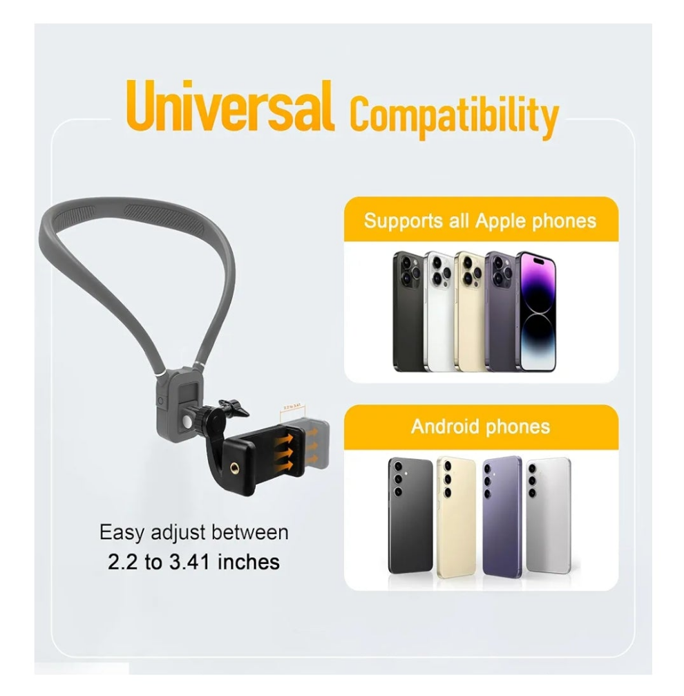 Premium Neck Phone Holder for Recording, Neck Mount Hands Free POV/Vlog Video Filming, Cell Phone Neck Holder for iPhone Android and All Smartphones(Gray)