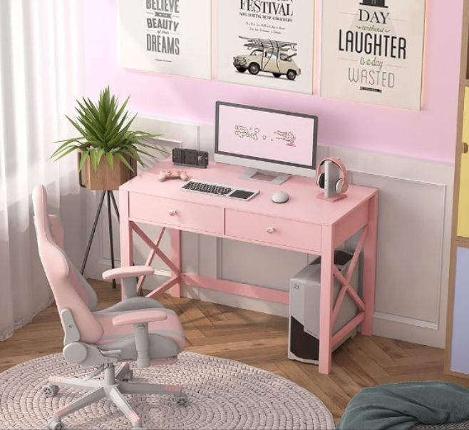 Office Desk with Drawers Modern Writing Computer Desk, Small Makeup Vanity Table Desk for Bedroom, Study Table for Home Office
