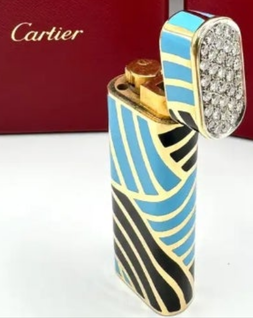 18k Gold Cartier Gold and Enamel Lighter with paved diamond cap