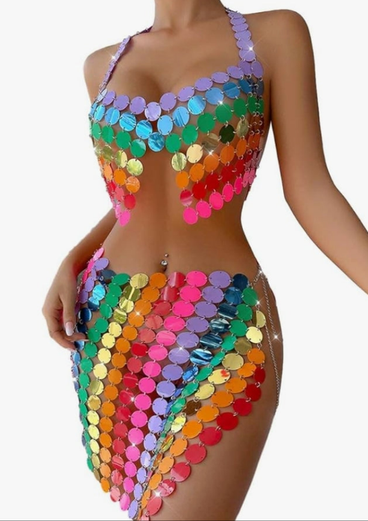 Rainbow Chain Skirt and Top Set Mirror Sequin Body Chain Bra Sparkly Blackless Crop Top Short Skirt for Rave Party Club