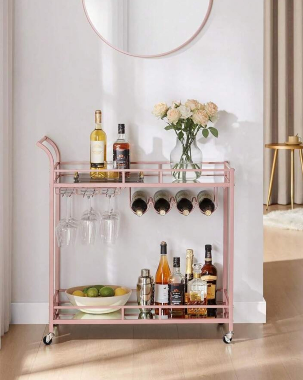 Bar Cart , Home Bar Serving Cart, Wine Cart With 2 Mirrored Shelves, Wine Holders, Glass Holders, For Kitchen, Dining Room stainless steel
