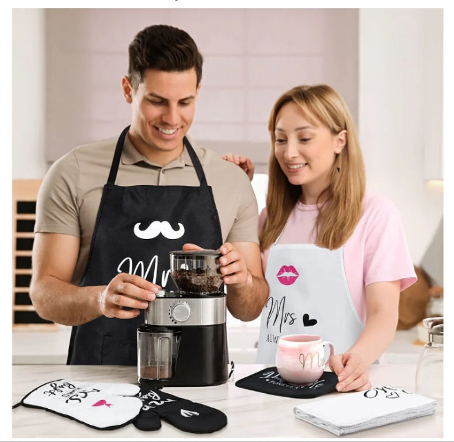 10 Pcs Couple Gifts Engagement Gifts for Couple Mr and Mrs Aprons Gift Set Include Aprons Mats Mugs Gloves Jewelry Plate Dish Towel Card Cool Bridal Shower Gifts for Bride and Groom Newlyweds