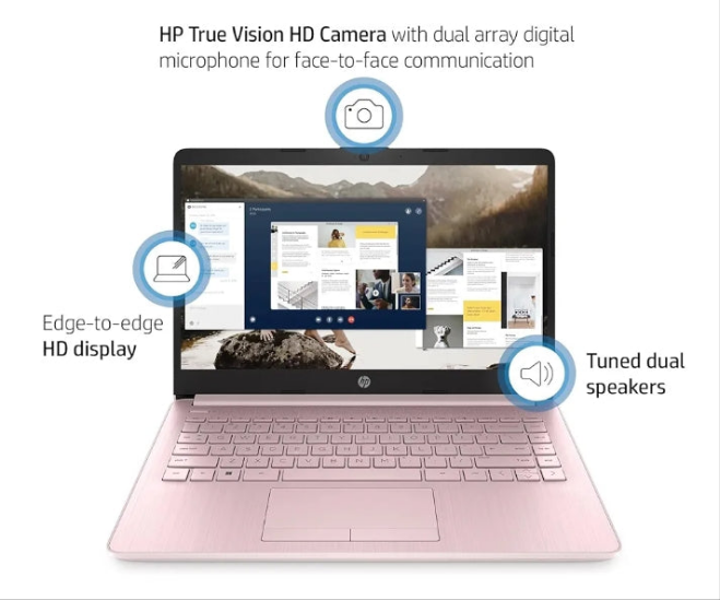 HP Portable Laptop, Student and Business, 14" HD Display, Intel Quad-Core N4120, 16GB DDR4 RAM, 64GB eMMC, 1 Year Office 365, Webcam, SD Card Reader, HDMI, Wi-Fi, Windows 11 Home, White, KKE Mousepad