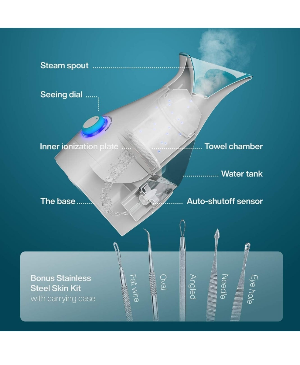 Ionic Facial Steamer with Precise Temp Control - Humidifier - Unclogs Pores - Blackheads - Spa Quality - Bonus 5 Piece Stainless Steel Skin Kit (Teal)