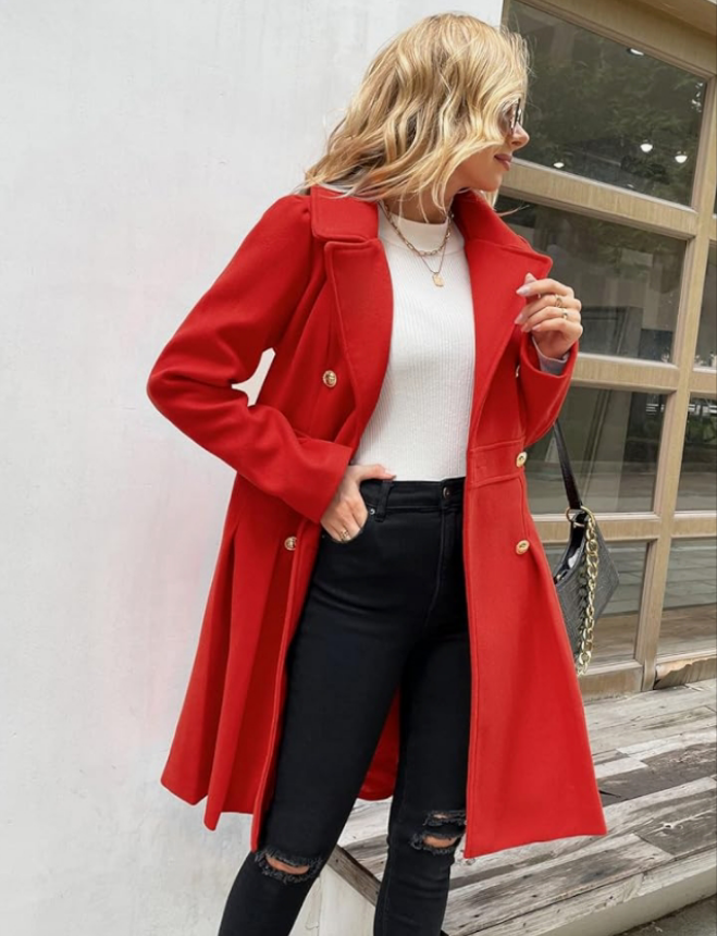 Fashion Trench Coat Notch Lapel Double Breasted Thick A Line Pea Coats Jacket with Pockets(S-2XL)