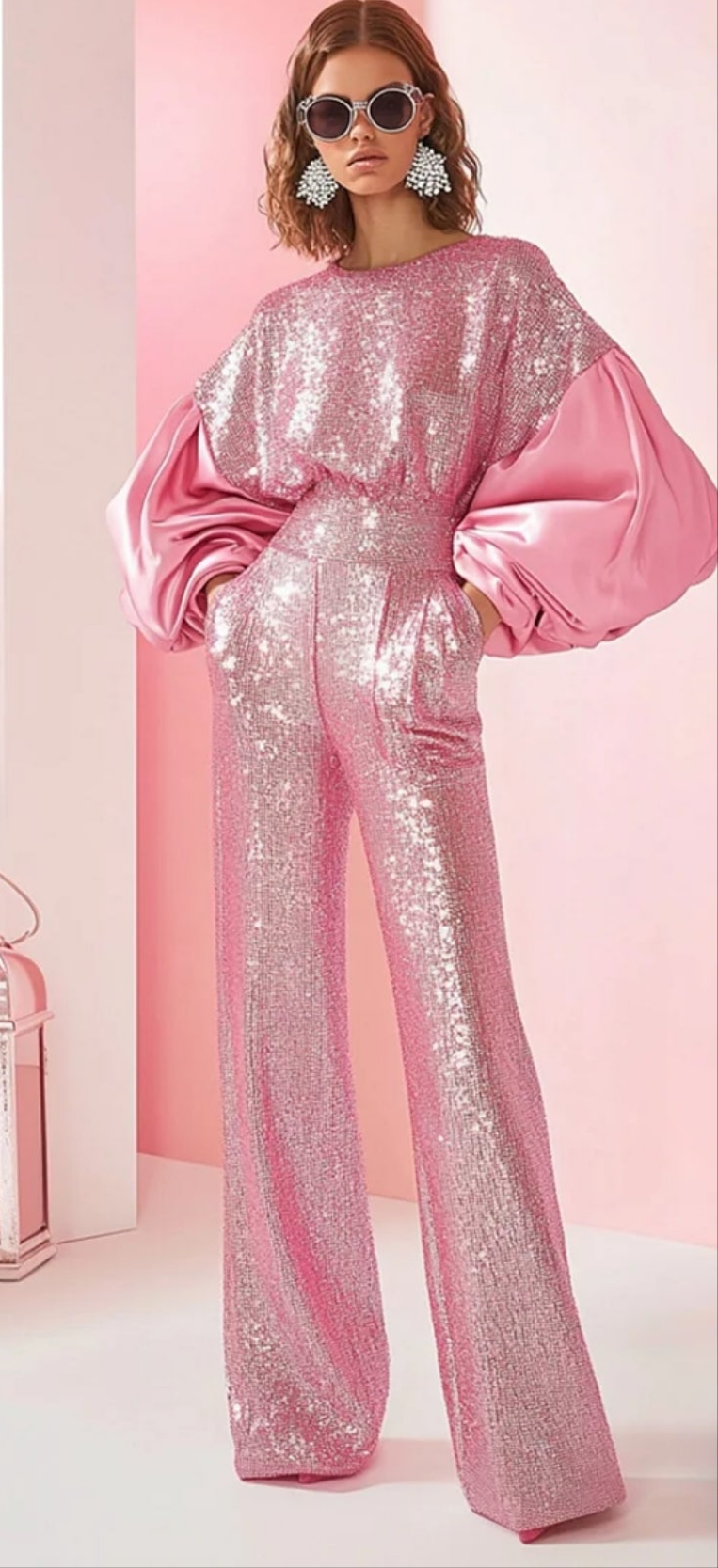 COCOMONEY Patchwork Sequins Puff Sleeve Pocket Jumpsuit-Pink