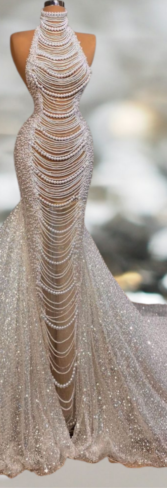 Long Mermaid Halter Beading Sleeveless Wedding Dress With Pearls
