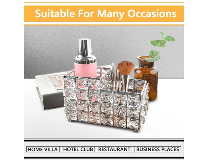 Crystal Makeup Brush Holder, One-Piece Square Brush Organizer, Cosmetics Brush Storage Container for Table, Dresser, Bathroom, Bedroom Organization