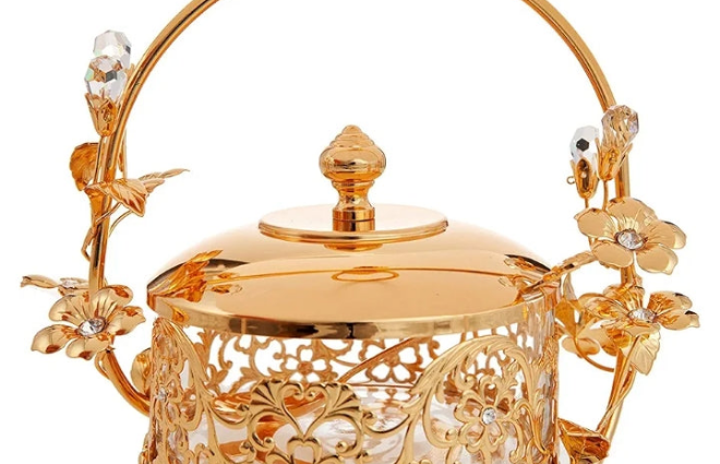24K Gold Plated Crystal Studded Honey Candy Dish with Rose Accents Great Gifts for Christmas Anniversary Housewarming Present New Year Home Kitchen Dining Decor Tabletop