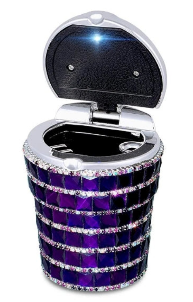 Car Ashtray with Bling Bling Diamond Auto Cigarette Odor Smoke Remover Cylinder Cup Holder With LED Lamp,