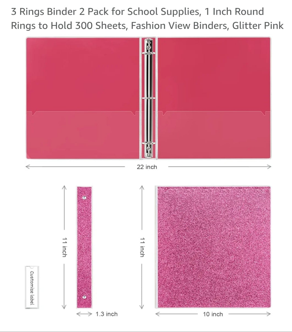 2 Pack Sparkly Pink 3 Ring Binder with 2 Inch Rings, Glitter File Folder Pockets for Office Supplies, Planner, Portfolio 350 Sheet Capacity (11 x 12 in)