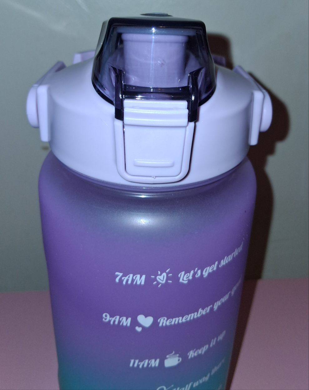 WATER BOTTLE 42OZ WITH MEASUREMENTS AND INSPIRATIONAL WORDS 10×4IN push open lip