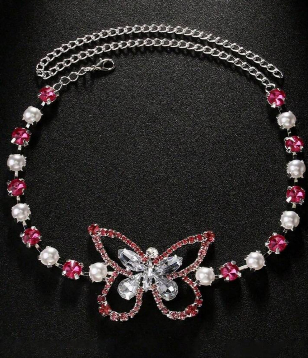 1 Pc Fashionable Silver Tone Pearl & Crystal Butterfly Leg Chain Ankle Bracelet Jewelry For Women