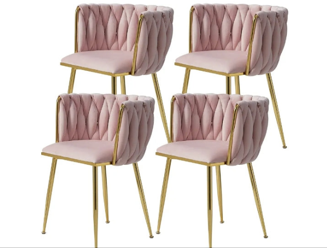 Velvet Dining Chairs Set of 2 Modern with Golden Metal Legs, Woven Upholstered for Dining Room, Kitchen, Vanity, Living Room