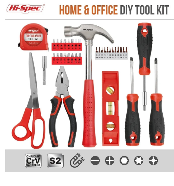 Hi-Spec 42pc Red Household DIY Small Tool Kit. Tool Box Set of Starter Basic Tools Kit for Home & Office