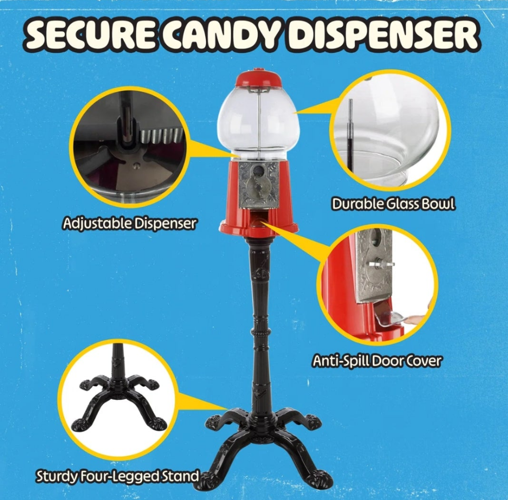 Bubble Gum Machine with Stand - Vintage Style Gum Ball Machine - Style Candy Dispenser Vending Machine with Glass Globe and Metal Base, Red Pink or Blue