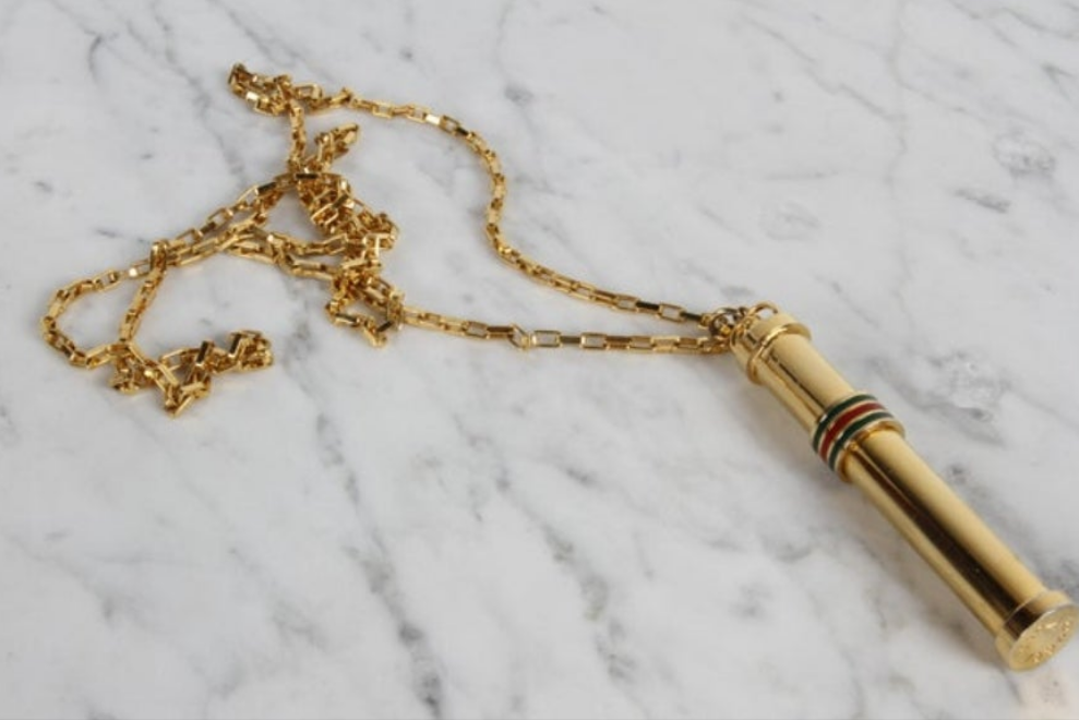 1980s Vintage GUCCI Gold Plated Necklace Perfume Bottle Stick Pendant NOS in Box