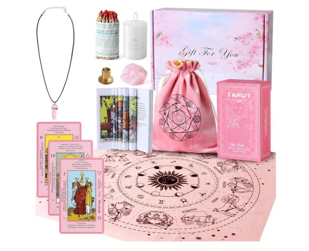 Tarot Cards Set with Meanings on Them-Beginner Tarot Deck Set-Tarot Spread Cloth,Velvet Pouches-Tarot Cards for Beginners Crystal-Rope Satya Incense
