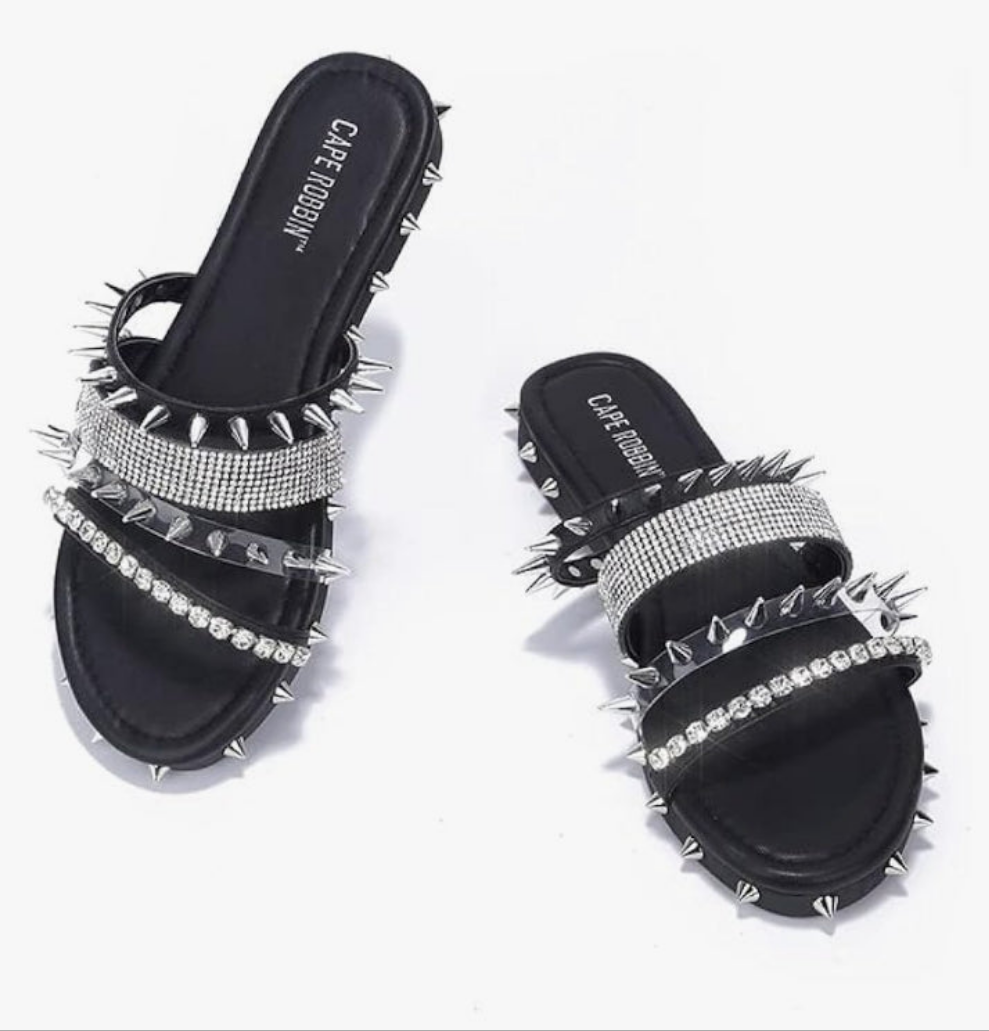 Studded Womens Sandals - Fashion Slides for Women with Spikes - Comfortable Slip-On Flat Sandals for Women -