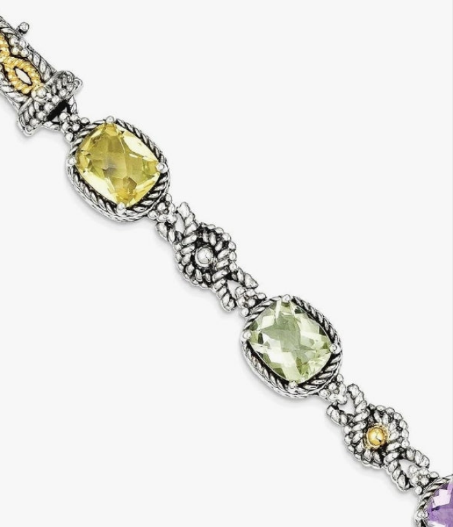 925 Sterling Silver 7.25 inch Vintage Cushion-cut Pink Quartz Green Lemon Chain Gemstone Tennis Bracelet